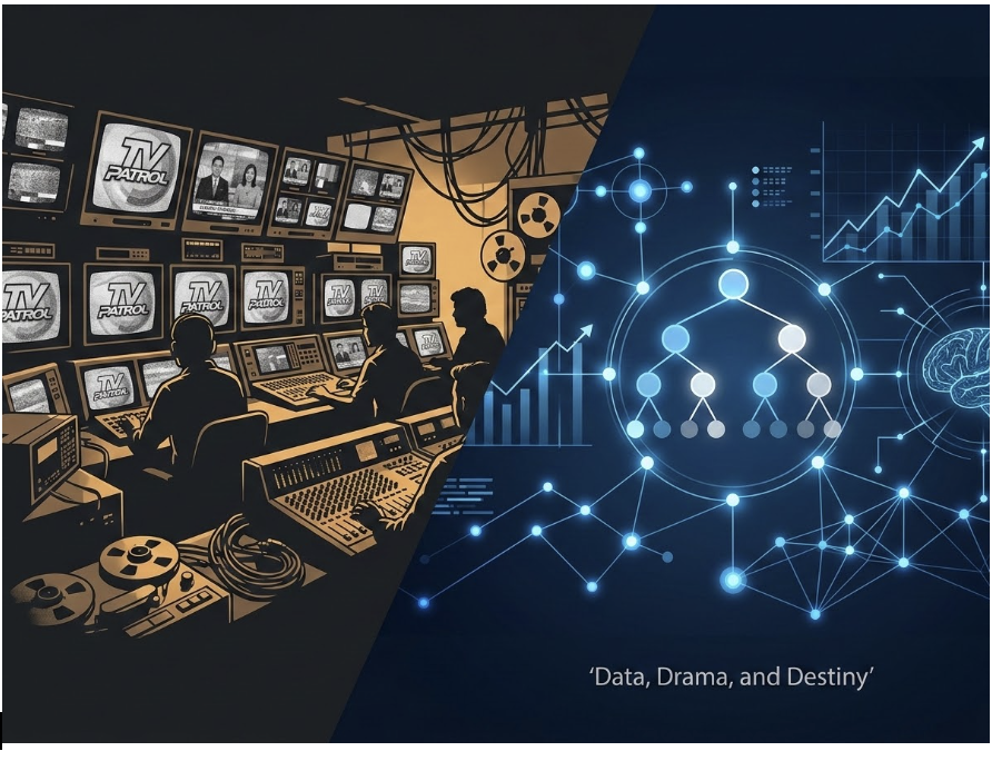 A composite illustration featuring a 1990s television broadcast control room on the left transitioning into a modern, glowing digital data analytics graph on the right, symbolizing the evolution from traditional media to data-driven strategy.