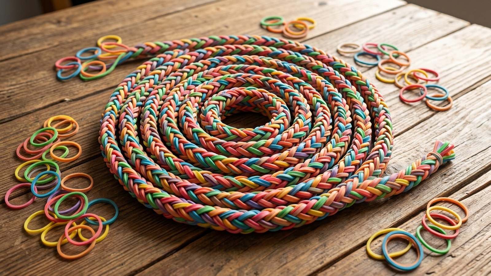 A long rope of braided rubber bands coiled on a wooden table, with loose coloured lastiko scattered around it