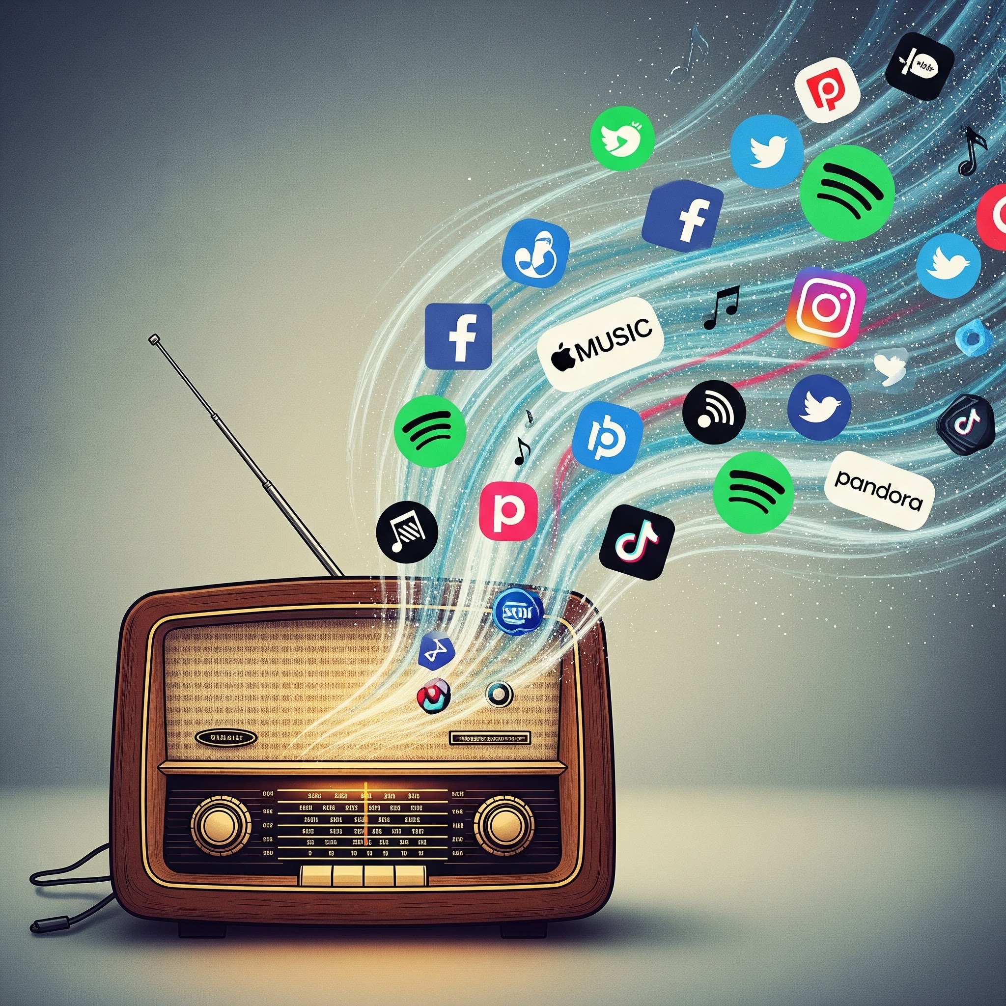 A vintage wooden radio emitting a swirling wave of modern social media and music streaming app icons—including Facebook, Twitter, Spotify, Apple Music, TikTok, Facebook, and Instagram—into the air, symbolizing the evolution of traditional radio in a digital landscape.