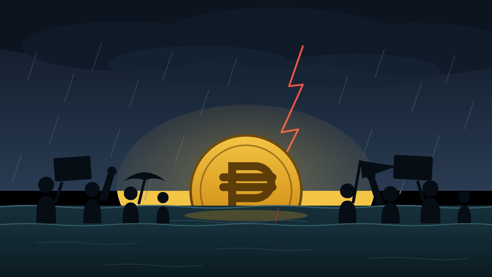 Illustration of a storm breaking over dark floodwaters that recede to expose a gold peso coin, flanked by silhouettes of protesters holding placards, a flag, and an umbrella