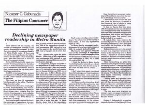Scanned newspaper column titled "Declining newspaper readership in Metro Manila" by Nicanor C. Gabunada, from his "The Filipino Consumer" column, showing four columns of text with year-by-year newspaper readership statistics from 1985 to 1988.