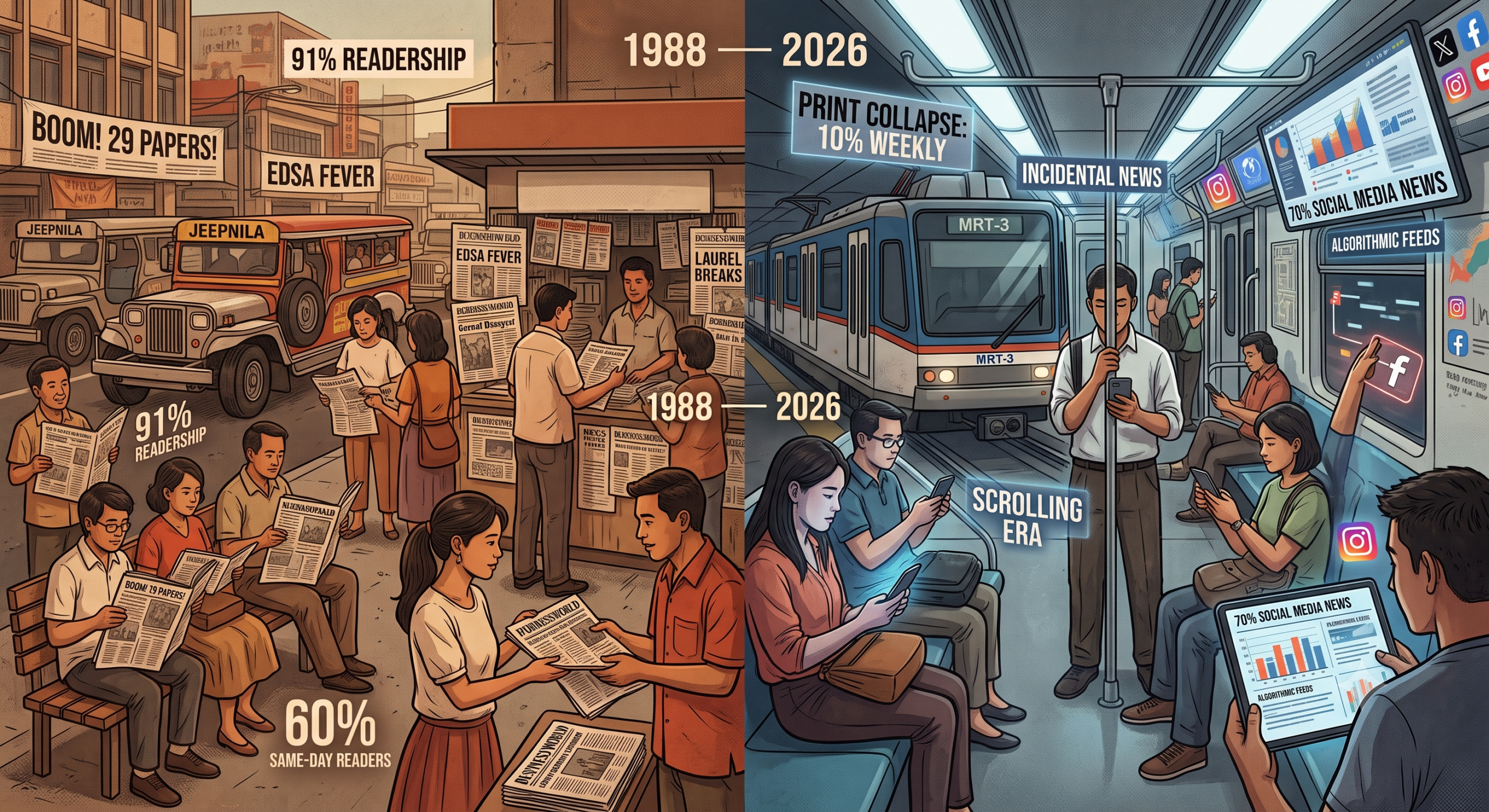 A split-screen digital illustration contrasting news consumption in Metro Manila between 1988 and 2026. The left side depicts a bustling 1980s street scene with traditional jeepneys and a newsstand labeled "BUSINESSWORLD," where crowds of people are actively reading, buying, and sharing physical newspapers. The right side shows the interior of a modern MRT-3 train car in 2026, where every commuter is looking down, completely absorbed in their smartphones and tablets. Text callouts throughout the image display media statistics from both eras.