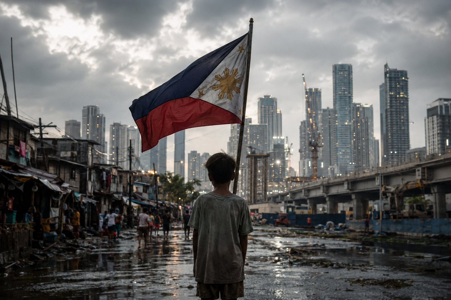 A Filipino Flag symbolizing an independent country is shown against the background of a nation mired in poverty, corruption and flooding.