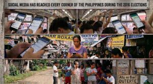 Three scenes of Filipinos on smartphones during the 2016 elections: commuters scrolling Facebook on a crowded MRT train, shoppers in a market street lined with Mar Roxas and Grace Poe campaign banners, and residents of a rural barangay near hand-painted signs reading "Support Duterte 2016" and "Ato ni Bai! Duterte."