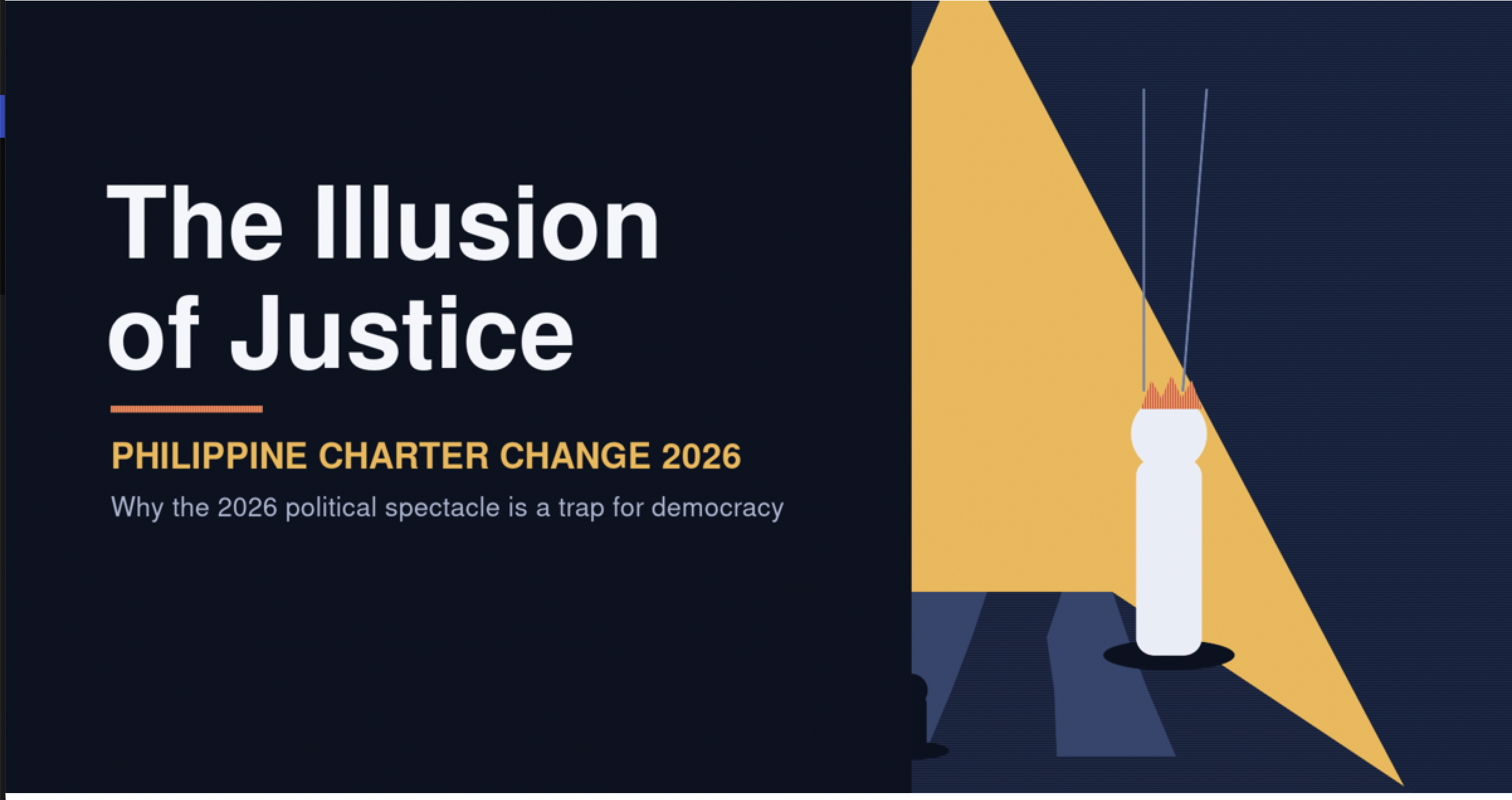 Illustration of a chessboard cleared of toppled pieces, with a single crowned king left standing under a spotlight and held up by puppet strings; headline reads "The Illusion of Justice — Philippine Charter Change 2026."