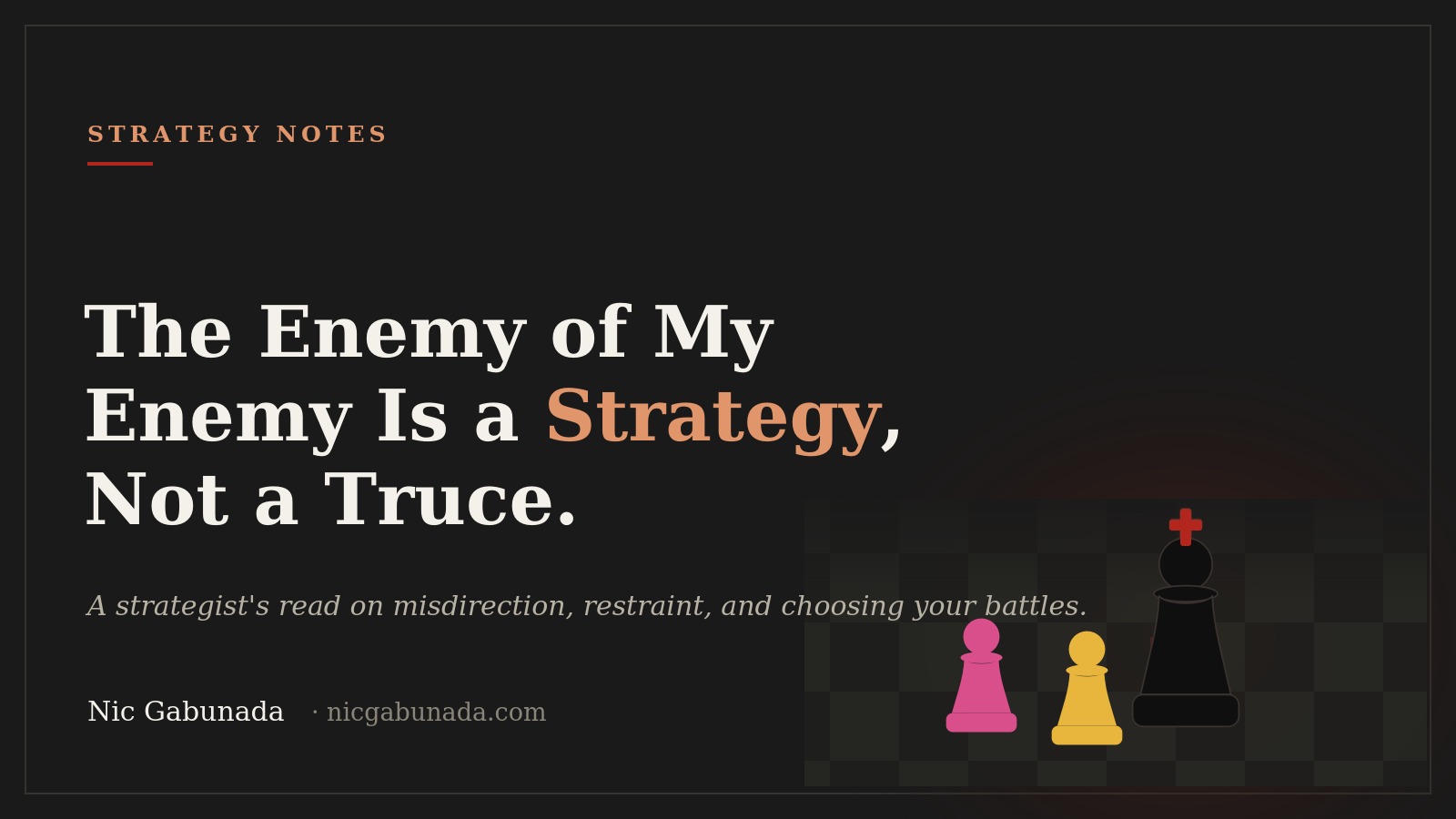 Chess pieces illustrating strategic misdirection—pink and yellow pawns facing a dark king lit in red.