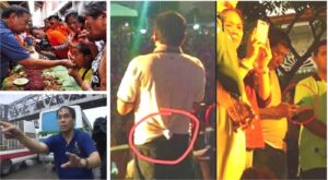 Four campaign-period photos contrasting candidates' public images: a politician hand-feeding people at an outdoor gathering, Mar Roxas directing traffic, and two crowd photos of Rodrigo Duterte with his shirt knotted at the back and checking a phone — moments supporters cited as unstaged.