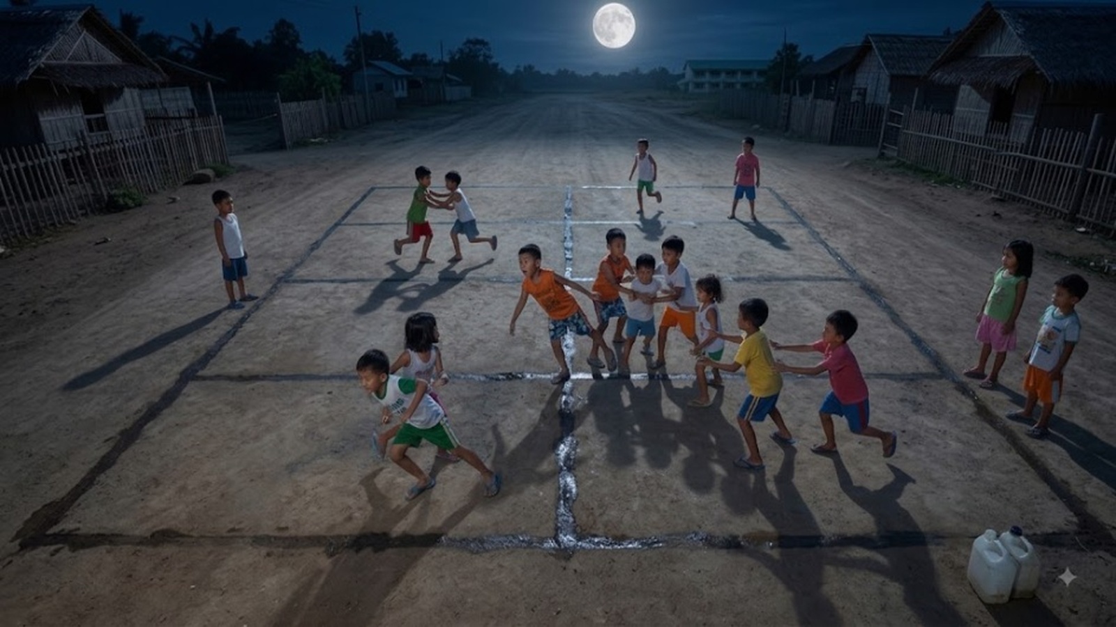 Children playing tubig-tubig (patintero) at night on a grid drawn in water on a dirt road, lit by a full moon, with water jugs nearby