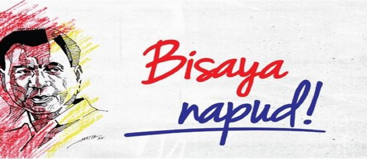 A hand-drawn red, yellow, and blue sketch portrait of Rodrigo Duterte beside the handwritten campaign slogan "Bisaya napud!" — it's the Bisaya's turn.