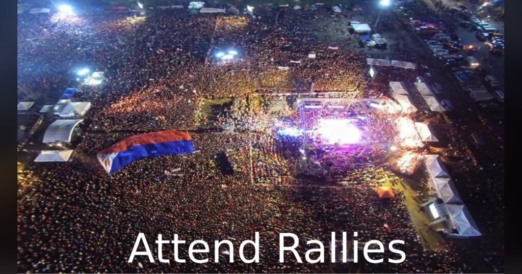 An aerial night photograph of a massive Duterte campaign rally crowd filling a public square, captioned "Attend Rallies."