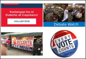 A four-panel collage of 2016 campaign mobilization activities: a "Kailangan ka ni Duterte at Cayetano" volunteer recruitment card, a debate watch gathering, a free T-shirt printing tent with a "Tapang at Malasakit" banner, and a "Duterte — Every Vote Counts" campaign button.