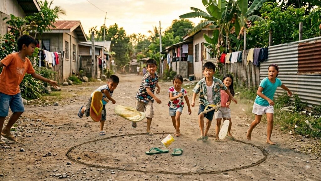 Children scattering to grab their slippers after the tin can is knocked out of the circle in a game of tumba lata at dusk