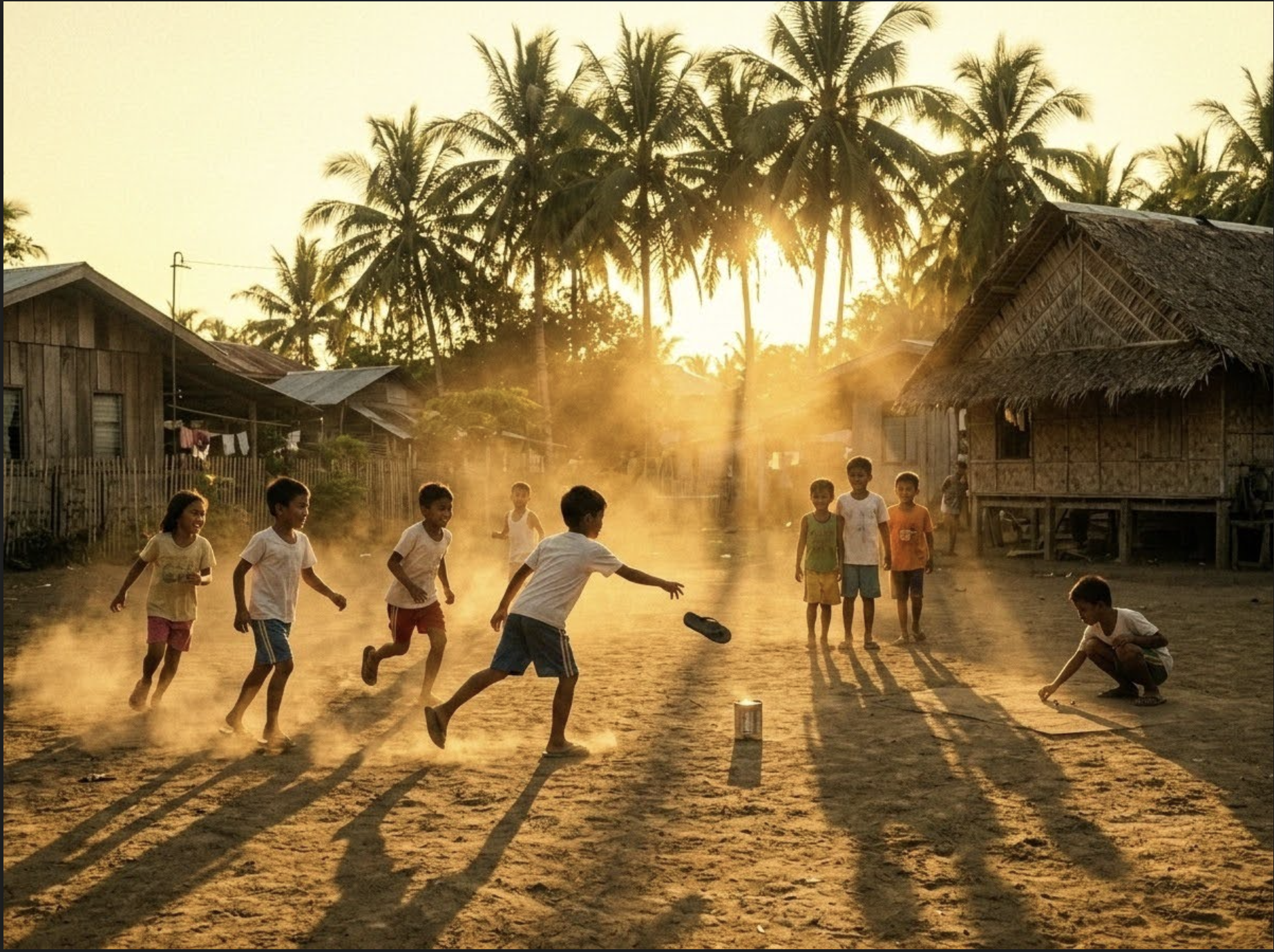 Filipino children playing larong Pinoy in a barrio clearing at sunset, a slipper in mid-air and a tin can standing in the dust
