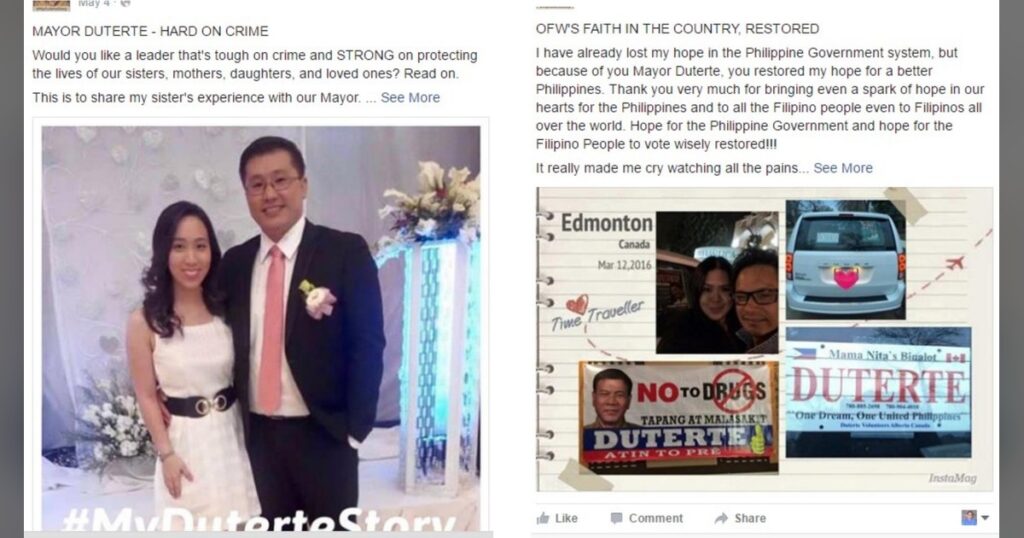 Two Facebook posts from the 2016 #MyDuterteStory campaign: a testimonial titled "Mayor Duterte — Hard on Crime" with a wedding photo watermarked #MyDuterteStory, and a post titled "OFW's Faith in the Country, Restored" from a supporter in Edmonton, Canada, with a scrapbook-style photo collage of Duterte campaign materials.