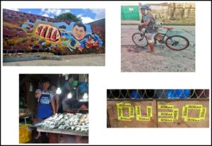 A four-panel collage of volunteer-made 2016 campaign materials: a Duterte mural painted on a brick wall, a man on a bicycle carrying campaign materials, a fish vendor wearing a Duterte apron at his market stall, and the name DU30 spelled out on a fence using yellow Roxas campaign stickers.