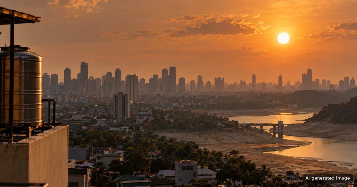 AI-generated illustration of a hazy orange sunset over a Philippine city skyline and a receding reservoir with exposed dry banks during a Super El Niño dry spell.