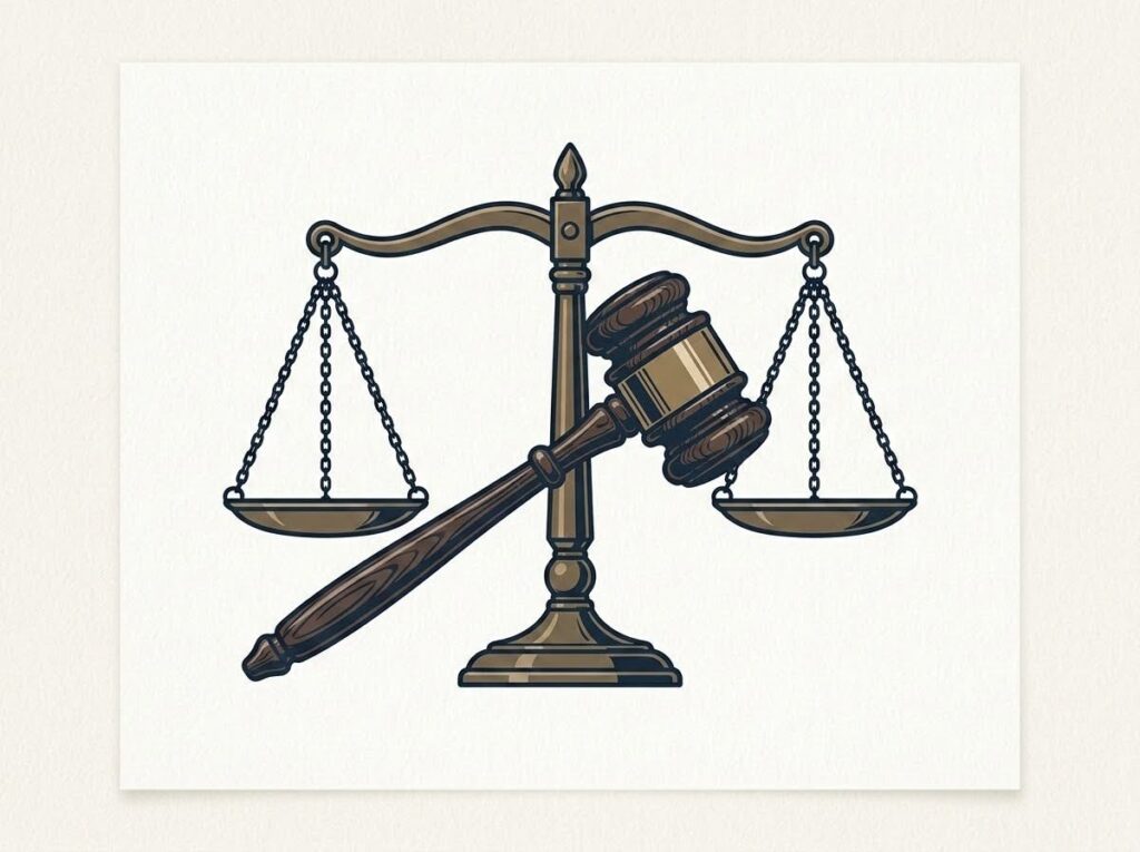 Illustration of a legal balance scale and a wooden gavel representing due process, fairness, and justice in an impeachment trial.