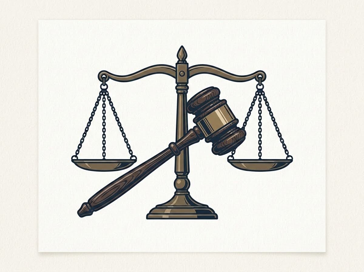 Illustration of a legal balance scale and a wooden gavel representing due process, fairness, and justice in an impeachment trial.