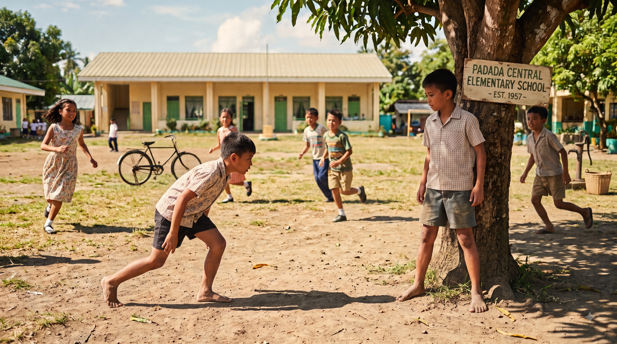 A boy crouching to charge the base tree in a game of tigso while the bantay guards it, other children running in behind